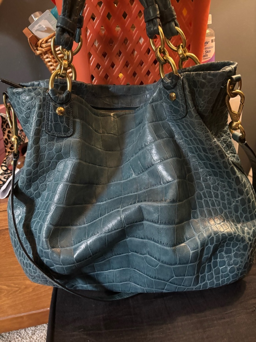 Teal Croc-Embossed Leather Tote Bag with Gold Hardware - Picture 2 of 16